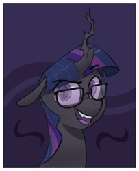 Size: 606x746 | Tagged: safe, artist:wtrclover, derpibooru import, twilight sparkle, changeling, bust, changelingified, glasses, monochrome, purple changeling, smiling, solo, species swap, twisona