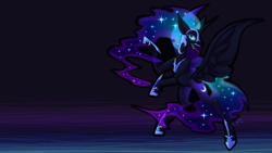 Size: 1920x1080 | Tagged: safe, artist:spookshi, derpibooru import, nightmare moon, alicorn, pony, black background, blue eyes, blue mane, blue tail, colored pupils, digital art, ethereal mane, fangs, female, flowing mane, flowing tail, helmet, hoof shoes, horn, lidded eyes, mare, night, open mouth, peytral, simple background, smiling, solo, sparkles, spread wings, starry mane, starry tail, stars, tail, teeth, wallpaper, wings
