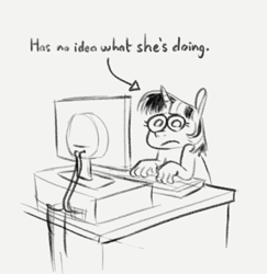 Size: 491x505 | Tagged: safe, artist:wtrclover, derpibooru import, twilight sparkle, anthro, unicorn, computer, frown, hand, monochrome, sitting, solo, suddenly hands, text