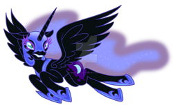 Size: 1024x624 | Tagged: safe, artist:glimmeringclaymore, derpibooru import, nightmare moon, alicorn, pony, angry, blue eyes, blue mane, blue tail, colored pupils, deviantart watermark, digital art, ethereal mane, eyelashes, fangs, feather, female, flowing mane, flowing tail, flying, hoof shoes, horn, mare, obtrusive watermark, peytral, simple background, solo, spread wings, starry mane, starry tail, tail, teeth, transparent background, watermark, wings