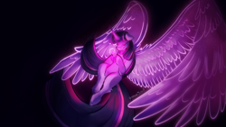 Size: 2560x1440 | Tagged: safe, artist:gryphonquila, derpibooru import, twilight sparkle, twilight sparkle (alicorn), alicorn, pony, crying, dark, ears, eyes closed, female, floppy ears, immortality blues, impossibly large wings, large wings, mare, solo, wings