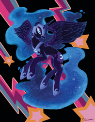 Size: 792x1008 | Tagged: safe, artist:redcurrant, derpibooru import, nightmare moon, alicorn, pony, blue eyes, blue mane, blue tail, colored pupils, concave belly, digital art, ethereal mane, ethereal tail, eyelashes, fangs, feather, female, flowing mane, flowing tail, flying, helmet, hoof shoes, lidded eyes, mare, open mouth, peytral, slim, smiling, solo, spread wings, starry mane, starry tail, stars, tail, teeth, thin, wings