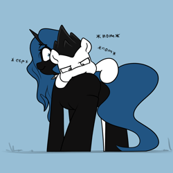 Size: 3000x3000 | Tagged: safe, artist:vipy, derpibooru import, oc, oc only, oc:vipy, earth pony, pony, unicorn, biting, butt, butt bite, duo, earth pony oc, horn, plot, simple background, unicorn oc