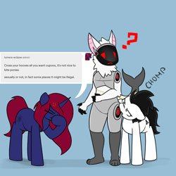 Size: 3000x3000 | Tagged: safe, artist:vipy, derpibooru import, oc, oc:vipy, cyborg, earth pony, pony, unicorn, biting, butt bite, earth pony oc, horn, protogen, simple background, unicorn oc