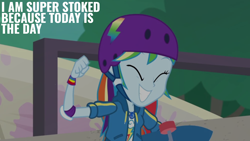 Size: 1920x1080 | Tagged: safe, derpibooru import, edit, edited screencap, editor:quoterific, screencap, rainbow dash, better together, equestria girls, sic skateboard, clothes, cute, dashabetes, excited, feminism, happy, hoodie, rainbow sass, shirt, skateboard, solo, t-shirt