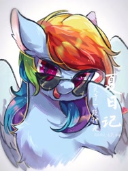 Size: 1080x1440 | Tagged: safe, artist:tkotu1, derpibooru import, rainbow dash, pegasus, pony, bust, female, glasses, looking at you, mare, open mouth, simple background, solo, white background