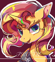 Size: 1024x1150 | Tagged: safe, artist:tkotu1, derpibooru import, edit, sunset shimmer, pony, unicorn, bust, female, looking at you, mare, signature, smiling, smiling at you, solo