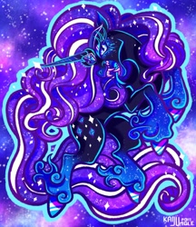 Size: 1104x1280 | Tagged: safe, artist:kaijujungle, derpibooru import, idw, nightmare rarity, pony, unicorn, angry, antagonist, colored pupils, crown, digital art, ethereal mane, ethereal tail, evil, eyelashes, fangs, female, flowing mane, flowing tail, gem, horn, jewelry, long horn, looking at you, mare, menacing, night, open mouth, purple mane, purple tail, regalia, signature, sky, solo, sparkles, starry mane, starry tail, stars, tail, teeth, threatening, unshorn fetlocks, villainess