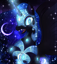 Size: 1800x2000 | Tagged: safe, artist:ryuko-rose, derpibooru import, nightmare moon, alicorn, pony, beautiful, blue eyes, blue mane, blue tail, bust, crescent moon, dazzling, digital art, ethereal mane, ethereal tail, eyeshadow, fangs, female, flowing mane, flowing tail, gem, glowing, glowing eyes, glowing horn, high res, horn, jewelry, magic, makeup, mare, moon, necklace, night, open mouth, pearl necklace, peytral, portrait, redesign, regalia, solo, space, sparkles, spread wings, starry mane, starry tail, stars, tail, teeth, wings