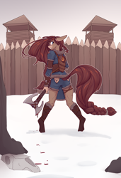 Size: 2600x3800 | Tagged: safe, artist:chapaevv, derpibooru import, oc, oc only, oc:ondrea, anthro, unguligrade anthro, angry, axe, baby, baby pony, blood, clothes, female, fort, looking back, skull, snow, weapon