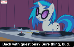 Size: 1920x1224 | Tagged: safe, derpibooru import, edit, edited screencap, screencap, dj pon-3, vinyl scratch, pony, unicorn, comic:celestia's servant interview, caption, cs captions, female, happy, image macro, interview, mare, solo, sunglasses, text, turntable