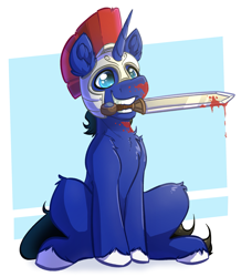 Size: 2357x2705 | Tagged: safe, artist:witchtaunter, derpibooru import, oc, oc only, oc:night reader, pony, unicorn, blood, chest fluff, helmet, implied violence, male, simple background, sword, weapon