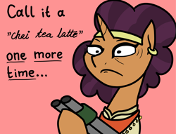 Size: 2048x1563 | Tagged: safe, artist:ewoudcponies, derpibooru import, saffron masala, pony, unicorn, chai tea, female, gun, pink background, shotgun, simple background, solo, unamused, weapon