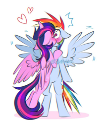 Size: 675x796 | Tagged: safe, artist:tylerdashart, derpibooru import, rainbow dash, twilight sparkle, twilight sparkle (alicorn), alicorn, pegasus, pony, bipedal, blushing, blushing profusely, chromatic aberration, cute, ears, eyebrows, eyebrows visible through hair, eyes closed, female, floating heart, floppy ears, heart, kiss on the lips, kissing, lesbian, shadow, shipping, shrunken pupils, signature, simple background, spread wings, surprise kiss, surprised, twidash, watermark, white background, wide eyes, wingboner, wings