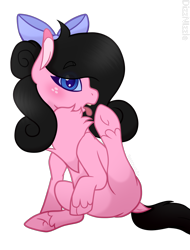 Size: 1440x1899 | Tagged: safe, artist:thatonefluffs, derpibooru import, oc, oc only, oc:moonlight, earth pony, pony, behaving like a cat, blushing, bow, caught, freckles, hair bow, licking, looking at you, shading, simple background, solo, tongue, tongue out, transparent background, unshorn fetlocks