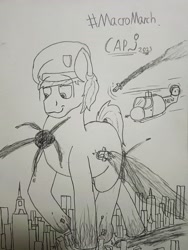 Size: 3456x4608 | Tagged: safe, artist:cap_watching, derpibooru import, oc, earth pony, pony, beret, city, earth pony oc, giant pony, hat, helicopter, macro, missile, pencil drawing, stomping, traditional art