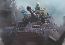 Size: 4000x2800 | Tagged: safe, artist:richmay, derpibooru import, oc, oc only, griffon, pony, unicorn, griffon oc, gun, panzer, panzer iv, ruins, submachinegun, tank (vehicle), tommy gun, weapon, world war ii