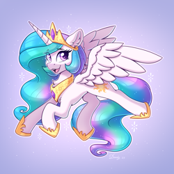 Size: 2480x2480 | Tagged: safe, artist:dandy, derpibooru import, princess celestia, alicorn, pony, :3, chest fluff, crown, ear fluff, ears, female, horn, jewelry, looking at you, mare, open mouth, open smile, regalia, simple background, smiling, smiling at you, solo, spread wings, wings