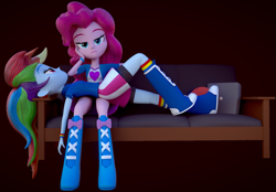 Size: 1551x1080 | Tagged: safe, artist:thebronymarines, derpibooru import, pinkie pie, rainbow dash, human, equestria girls, 3d, boots, bored, clothes, hand on cheek, lying down, on back, rainbow socks, raised leg, shoes, socks, sofa, striped socks