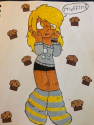 Size: 3024x4032 | Tagged: safe, artist:stardust0088, derpibooru import, derpy hooves, human, bracelet, clothes, cutie mark on clothes, female, humanized, jewelry, marker, moderate dark skin, muffin, no pupils, socks, solo, speech bubble, striped socks, sweater, that pony sure does love muffins, traditional art