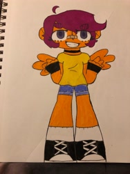 Size: 3024x4032 | Tagged: safe, artist:stardust0088, derpibooru import, scootaloo, human, equestria girls, bandaid, bandaid on nose, choker, clothes, colored pupils, cowlick, female, shirt, shorts, socks, solo, t-shirt, tennis shoe, traditional art, winged, winged human