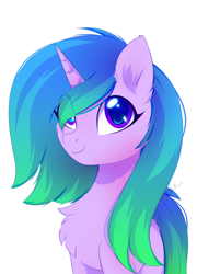 Size: 1800x2500 | Tagged: safe, artist:fluffywhirlpool, derpibooru import, oc, oc only, oc:fiona mahri, pony, unicorn, bust, chest fluff, commission, cute, ear fluff, ears, eye clipping through hair, female, gradient mane, gradient tail, horn, looking at you, mare, purple eyes, simple background, smiling, smiling at you, solo, standing, tail, unicorn oc, white background