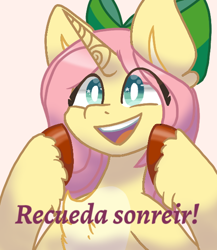 Size: 520x600 | Tagged: safe, artist:flower-black, derpibooru import, fluttershy, pony, unicorn, comic:friendship reimagined, bow, hair bow, open mouth, open smile, smiling, solo, spanish, translation request, white pupils
