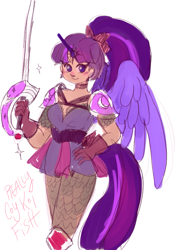 Size: 941x1341 | Tagged: safe, artist:reallycoykoifish, derpibooru import, twilight sparkle, human, alicorn humanization, alternate hairstyle, armor, belt, blushing, choker, clothes, cute, female, gloves, horn, horned humanization, humanized, knight, shirt, simple background, skirt, solo, sword, tail, tailed humanization, twiabetes, weapon, white background, winged humanization, wings