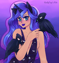 Size: 2935x3146 | Tagged: safe, artist:reallycoykoifish, derpibooru import, princess luna, bird, human, raven (bird), clothes, cute, dress, eared humanization, eyeshadow, female, gradient background, horn, horned humanization, humanized, lipstick, lunabetes, makeup, solo, tail, tailed humanization, tan skin