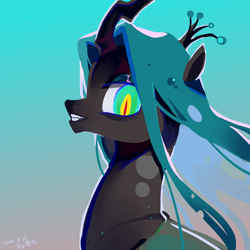 Size: 2480x2480 | Tagged: safe, artist:湮浊湮于浊, derpibooru import, queen chrysalis, changeling, aside glance, bust, female, gradient background, grin, looking at you, mare, portrait, smiling, solo
