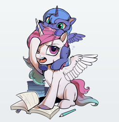 Size: 2320x2368 | Tagged: safe, artist:湮浊湮于浊, derpibooru import, princess celestia, princess luna, alicorn, pony, baby, baby pony, book, cewestia, drool, duo, female, filly, foal, nom, pencil, royal sisters, siblings, simple background, sisters, white background, woona, younger