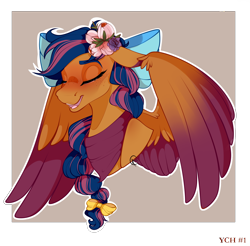 Size: 2016x1980 | Tagged: safe, artist:symphstudio, derpibooru import, oc, oc only, oc:solar comet, pegasus, pony, bow, braid, bust, colored wings, flower, flower in hair, freckles, gradient wings, hair bow, portrait, solo, two toned wings, wings