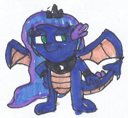 Size: 322x298 | Tagged: safe, artist:spaton37, derpibooru import, princess luna, dragon, cropped, dragoness, dragonified, female, luna's crown, lunadragon, simple background, solo, species swap, traditional art, white background, wings