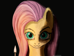Size: 2840x2160 | Tagged: safe, artist:tazool, derpibooru import, fluttershy, pegasus, pony, bust, creepy, dark background, female, looking at you, match, solo