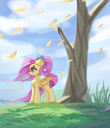 Size: 3541x4096 | Tagged: safe, artist:jfrxd, derpibooru import, fluttershy, pegasus, pony, alternate hairstyle, crying, female, leaves, mare, older, older fluttershy, ponytail, solo, tree