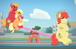 Size: 3829x2448 | Tagged: safe, artist:faitheverlasting, derpibooru import, apple bloom, applejack, big macintosh, bright mac, earth pony, pony, apple siblings, apple sisters, applejack is not amused, baby, baby apple bloom, bluey, brother and sister, colt big macintosh, cowboy hat, crossed arms, cute, diaper, ear fluff, ears, eyes closed, father and child, father and daughter, father and son, female, filly, filly applejack, floppy ears, foal, hat, high res, looking at each other, looking at someone, looking back, male, open mouth, open smile, parent and child, scrunchy face, seesaw, siblings, sisters, sitting, smiling, smirk, teasing, unamused, unshorn fetlocks, younger
