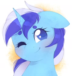Size: 1913x2021 | Tagged: safe, artist:adostume, derpibooru import, minuette, pony, unicorn, blushing, bust, ears, ears back, female, floppy ears, looking at you, mare, one eye closed, portrait, smiling, smiling at you, solo, wink, winking at you