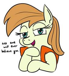 Size: 541x590 | Tagged: safe, artist:jargon scott, agua fresca, lily peel, earth pony, pony, almond joy, dialogue, female, hoof on chin, lidded eyes, lifejacket, looking at you, mare, open mouth, simple background, solo, white background