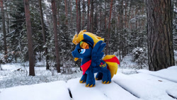 Size: 1192x670 | Tagged: safe, artist:mgrdash, derpibooru import, oc, oc only, oc:firesky, pegasus, pony, endangering plushies, forest, irl, photo, plushie, ponies in real life, solo, winter