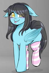 Size: 1641x2413 | Tagged: safe, artist:nekomellow, derpibooru import, oc, oc only, oc:flower popen, bat pony, pony, robot, robot pony, :p, black mane, black tail, blue fur, blushing, clothes, cute, cute little fangs, ear tufts, ears, fangs, female, floppy ears, golden eyes, gynoid, hair over one eye, socks, solo, striped socks, tail, tongue, tongue out