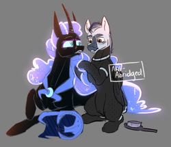 Size: 1254x1080 | Tagged: safe, artist:akoamplified, derpibooru import, nightmare moon, oc, oc:orion zephyr, alicorn, pegasus, fanfic:somnambulance, armor, black coat, blue eyes, brush, brushing mane, clothes, colored, colored sketch, commission, cute, fanfic, fanfic art, glowing, glowing mane, glowing tail, helmet, mane, orange eyes, pegasus oc, peytral, short mane, sketch, tail