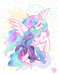 Size: 1074x1368 | Tagged: safe, artist:petaltwinkle, derpibooru import, princess celestia, princess luna, alicorn, pony, crescent moon, eyes closed, female, flying, mare, moon, rain, royal sisters, s1 luna, siblings, signature, simple background, sisters, smiling, spread wings, sun, white background, wings