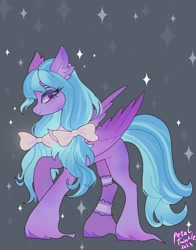 Size: 1074x1368 | Tagged: safe, artist:petaltwinkle, derpibooru import, oc, pegasus, pony, bow, gray background, hair bow, raised hoof, raised leg, simple background, smiling, solo, standing, unshorn fetlocks