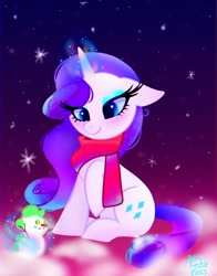 Size: 804x1024 | Tagged: safe, artist:petaltwinkle, derpibooru import, rarity, pony, unicorn, clothes, implied shipping, implied sparity, implied spike, implied straight, scarf, sitting, smiling, snowman, solo