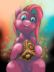 Size: 1536x2048 | Tagged: safe, artist:fluffsplosion, derpibooru import, pinkie pie, fluffy pony, hellraiser, imminent death, lemarchand's box, low angle, pinkamena diane pie, solo, this will end in death