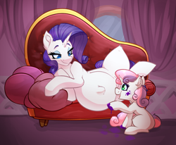 Size: 3128x2576 | Tagged: safe, alternate version, artist:witchtaunter, derpibooru import, rarity, sweetie belle, pony, unicorn, belle sisters, belly, big belly, carousel boutique, commission, cute, diasweetes, duo, ear fluff, ears, fainting couch, female, filly, foal, happy, hoof painting, kicking, mare, open mouth, open smile, paint, paint on fur, paint splatter, pillow, preggity, pregnant, sibling love, siblings, sisterly love, sisters, smiling, sofa