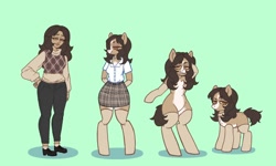 Size: 1280x768 | Tagged: safe, artist:ponysforyou, derpibooru import, oc, oc only, anthro, earth pony, human, pony, semi-anthro, bipedal, clothes, green background, human to pony, simple background, skirt, smiling, socks, solo, species swap, transformation, transformation sequence