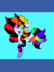 Size: 768x1024 | Tagged: safe, artist:ponysforyou, derpibooru import, oc, oc:nightcore, bat pony, pony, clothes, fangs, gay pride flag, pride, pride flag, smiling, socks, solo