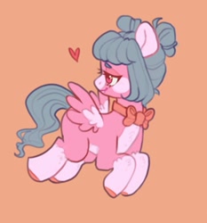 Size: 1395x1494 | Tagged: safe, artist:ponysforyou, derpibooru import, oc, oc only, oc:cotton candy, pegasus, pony, bow, flying, heart, orange background, pegasus oc, simple background, solo