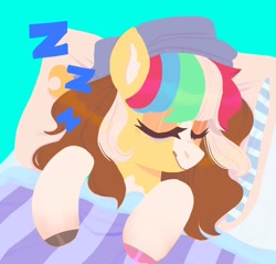 Size: 1184x1132 | Tagged: safe, artist:ponysforyou, derpibooru import, oc, oc only, oc:morning dew, earth pony, pony, bed, earth pony oc, eyes closed, green background, hat, onomatopoeia, simple background, sleeping, solo, sound effects, zzz